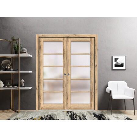 Sartodoors Sliding French Double Pocket Doors Frosted Glass Oak 72x96 (2* 36x96) Solid Core Modern Interior QUADRO4002DP-DUB-7296