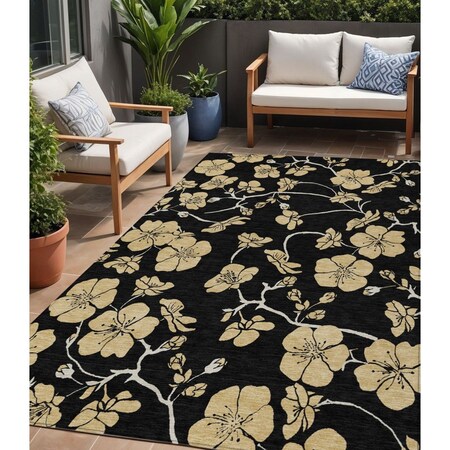 Homeroots 5' X 8' Black And Gold Floral Washable Indoor Outdoor Area Rug 599995