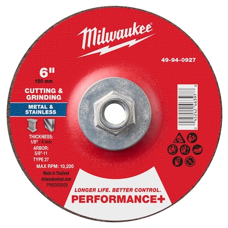Milwaukee Tool Cut-Off & Grinding Wheel, 7/8" Sz, 6" dia. 49-94-0927