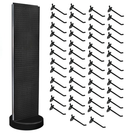 Azar Displays Black Two-Sided Pegboard Floor Display On Revolving Studio Base with 50 6in Black Hooks 700780-BLK-6B50