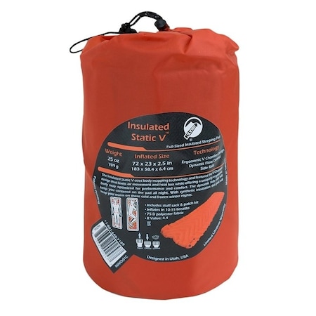 Klymit Insulated Static V Sleeping Pad, 72 in L, 23 in W, 75D Polyester, Orange 06IVOR02C