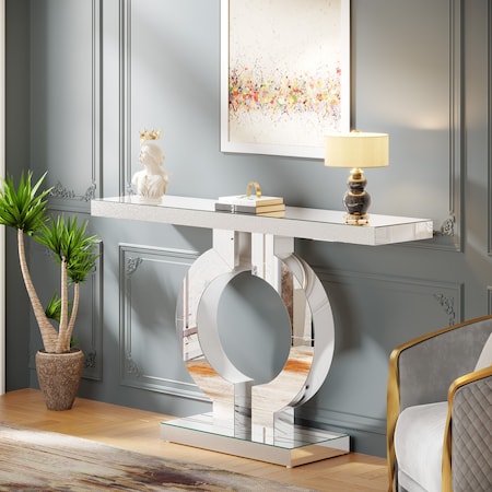Kioottoo 43'' Modern Mirrored Console Table, Silver O-Shaped Sofa Table TB-NY152