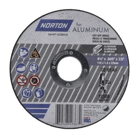 Norton Abrasives Cut-Off Wheel, Type 1, 4 1/2 in Dia, 0.045 in Thick, 7/8 in Arbor Hole Size, Aluminum Oxide 66252849367