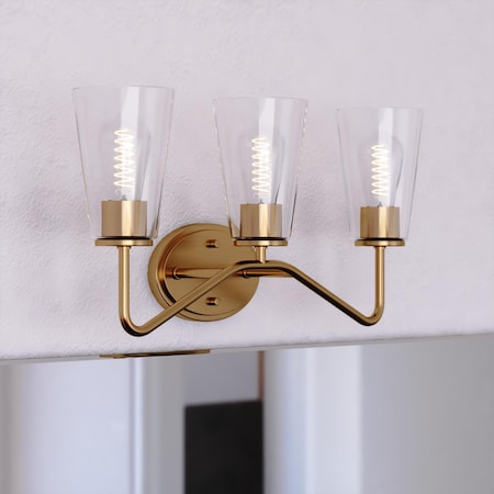 Vaxcel Beverly 3 Light Gold Muted Brass Bathroom Vanity Fixture Clear Glass Shade, LED Compatible W0442