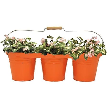 Houston International Trading Enameled Galvanized Triple Planter with Wood Handle for 6.5 in. Pots, Tangerine 8333E TA