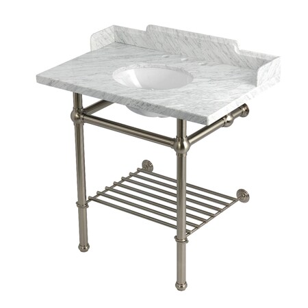 Kingston Brass 36-Inch Carrara Marble Console Sink with Brass Legs and Shelf, 8-Inch, 3-Hole LMS36MBB8