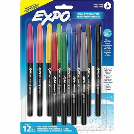 Expo Vis-a-Vis Wet Erase Markers, Ultra Fine Point, Assorted, 12 Color Set 2211351