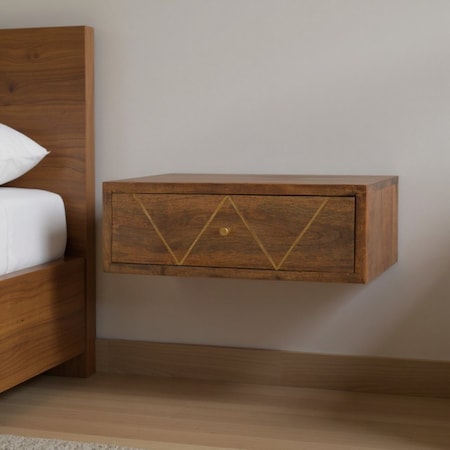 Homeroots 18" Brown Solid Wood Geometric Brass Inlay One Drawer Floating Nightstand 651513