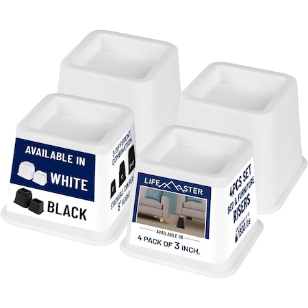 Lifemaster Furniture Riser Set, Non-Slip Design for Bed, Chair, Sofa, Desk, White, 4PK LMBEDWHT4