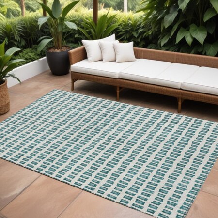 Homeroots 10' X 14' Teal Blue And Ivory Geometric Washable Indoor Outdoor Area Rug 583323