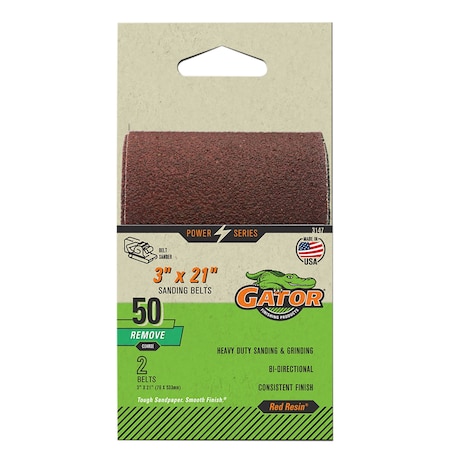 Gator Finishing Red Resin 3 x 21 in. Sanding Belt, 50 Grit, Coarse, 2PK 3147