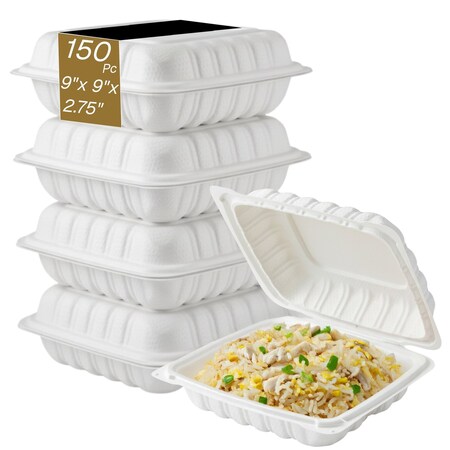 Eco Harmony Products Clamshell Hinged Food Storage Container, MFPP, Corner Lock, 9" x 9", 150PK 804592