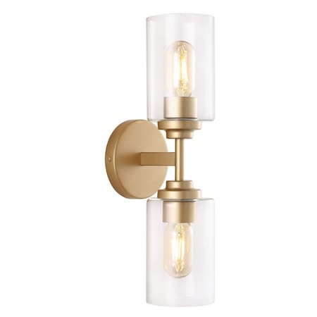 Jonathan Y Giles 16" 2-Light Farmhouse Industrial Iron Cylinder LED Sconce, Brass Gold/Clear JYL9548B