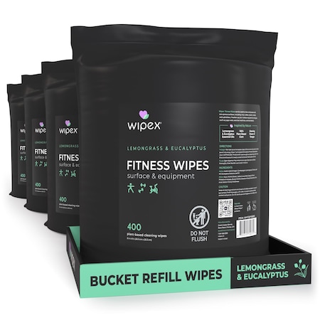 Wipex Plant-Based Fitness Wipes 400ct Bucket Refills, Lemongrass/Eucalyptus, 1600 Gym Equipment Wipes, 4PK WX72075BRE-4
