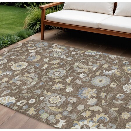 Homeroots 8' X 10' Chocolate Beige And Blue Floral Washable Indoor Outdoor Area Rug 597809