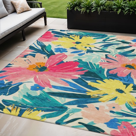 Homeroots 5' X 8' Blush And Pink Floral Washable Indoor Outdoor Area Rug 610974