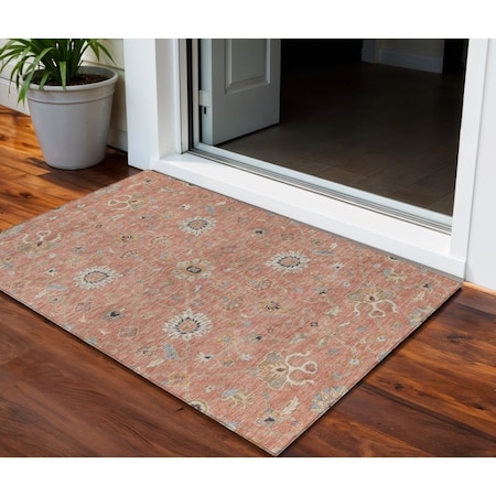 Homeroots 3' X 5' Pink Gray And Beige Floral Washable Indoor Outdoor Area Rug 604785