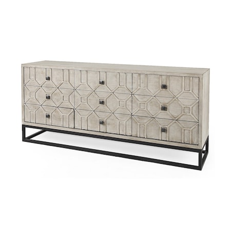 Homeroots 70in Light Brown Wood Carved Geometric Nine Drawer Sideboard 611018
