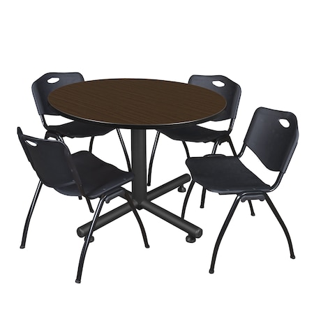 Regency Round Kobe Breakroom Table W/ 4 M Stack Chairs, 48 in W, 48 in L, Neo Walnut TKB48RNDNW47BK