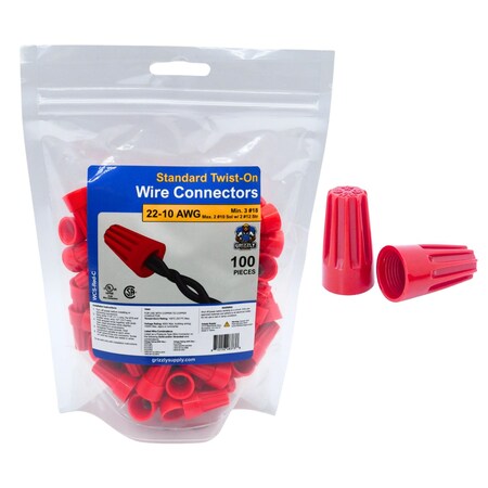 Grizzly Supply Standard Screw-On Wire Connector, 22-10 AWG, 600V Max, Thermoplastic, Red 100PK WCS-Red-C