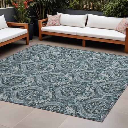 Homeroots 10' X 14' Teal Damask Washable Non Skid Indoor Outdoor Area Rug 563906