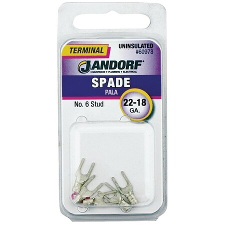 Jandorf Spade Terminal, 600 V, 22 to 18 AWG Wire, No 6 Stud, Copper Contact, 5PK 60978