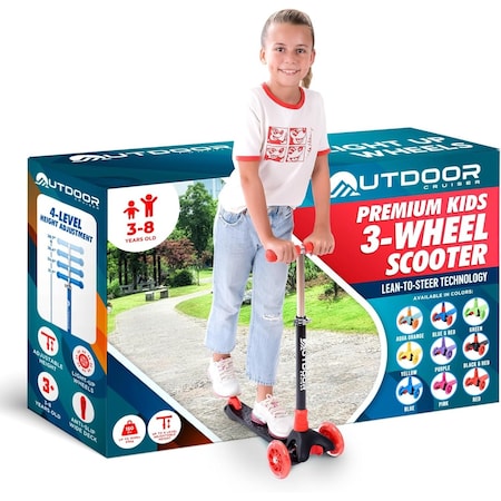Outdoorcruiser Outdoor Cruiser 3-Wheel Kids Scooter, Lean-to-Steer, LED Wheels, Adjustable T-Bar, Black/Red OCKSBR657