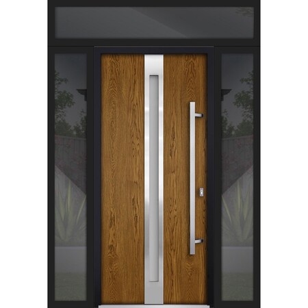 Vdomdoors Steel Door Deux 1744 Natural Oak 2 Sidelight and Transom Black Window Stainless Inserts Single Mode DEUX1744EXD-OAKB-W12+36+12xH80+16-LH-O