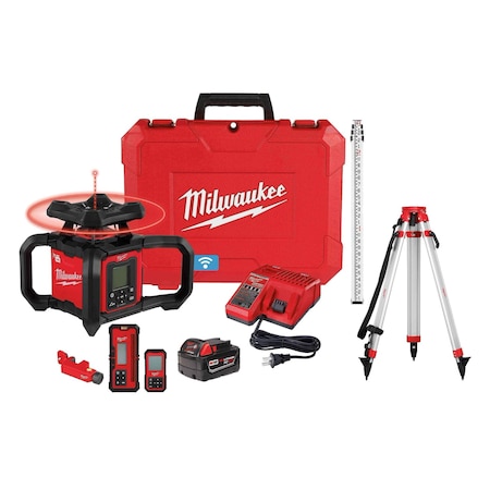 Milwaukee Tool M18 Red Exterior Dual Slope Rotary Laser Level Kit w/ Receiver, Remote, Grade Rod & Tripod 3704-21T
