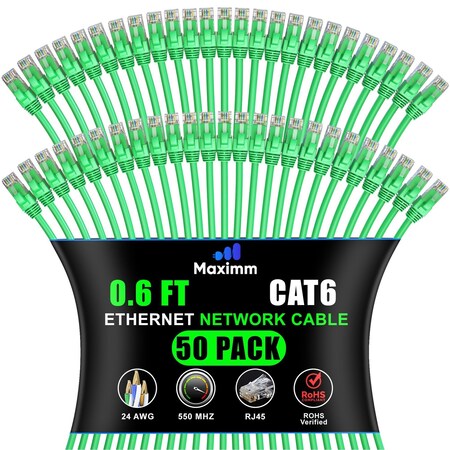 Maximm Cat6 Ethernet Cable 0.6ft 10Gbps 550MHz UTP, 50PK, Green, 50PK CAT6CCA-0.6GN-50PK