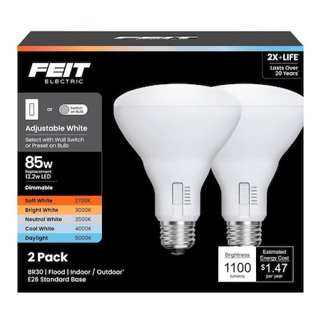 Feit Electric Feit BR30 E26 Medium LED Bulb Adjustable White 85 Watt Equivalence, 2PK BR3085DM/6WYCA2