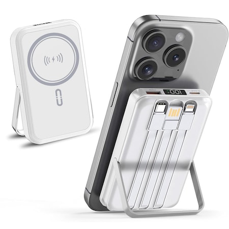 Alpha Digital Magnet Power Bank- 10,000mAh, 3 Cables, Wireless Charging - White ZL329-WT