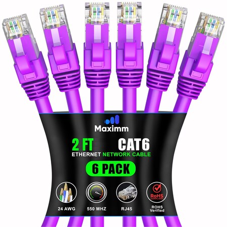 Maximm Cat6 Ethernet Cable 2ft 10Gbps 550MHz UTP, 6PK, Purple, 6PK CAT6-CCA-2FT-PURPLE-6PK
