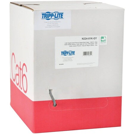 Tripp Lite Cat6 Cable, Bulk, Solid, Plenum, Gray, 1000ft N224-01K-GY