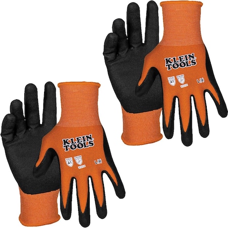 Klein Tools Coated Gloves, Microfoam nitrile, Orange/Black, Large 2 PK 60581