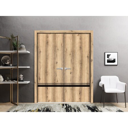 Sartodoors Solid French Double Doors, Planum 0012 Oak and Aluminum Strips, Wood Solid Panel Frame Trims, Close PLANUM0012DD-DUB-6096