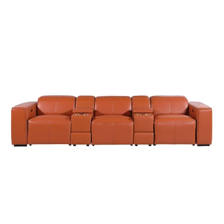 Homeroots 130" Camel Top Grain Leather Reclining Metal USB Sofa 720395