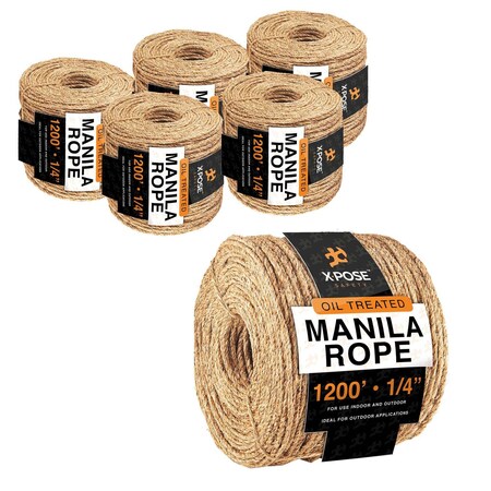 Xpose Safety Manila Rope, 1/4 Inch 1200ft 3-Strand Natural Fiber Cordage for Crafts & Outdoor Use, 6PK MR14-1200-6-X-S