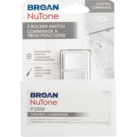 Broan-Nutone 3-Function 15A 120V White Rocker Switch for Bathroom Exhaust Fan P3RW