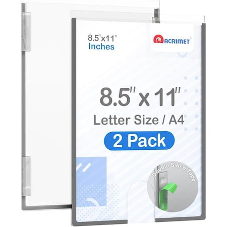 Acrimet Wall Mount Sign Holder Letter Size 8.5 x 11 Clear Crystal Plastic Self Adhesive, 2PK 865.1