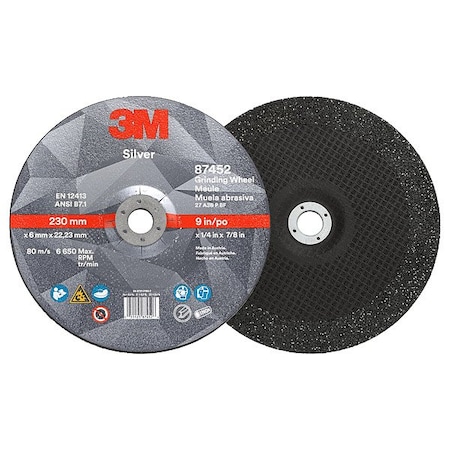 3M Depressed Center Grinding Wheel, Type 27, 9 in Dia, 0.25 in Thick, 7/8 in Arbor Hole Size, Ceramic 87452
