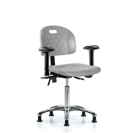 Blue Ridge Ergonomics Poly Chair Chrome - Medium Bench Height with Adjustable Arms & Stationary Glides in Gray Poly HPMBCH-CR-T0-A1-NF-RG-GRY