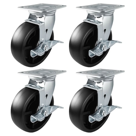 Hyw Products Heavy Duty Caster Set 6in Plastic Wheels, 4 Swivel with Brake, 4PK 40-60S-A1-HP-TB-4