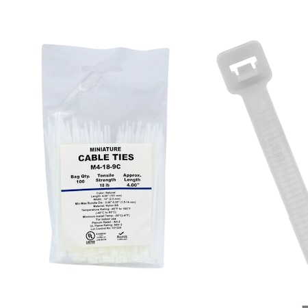Cable Ties Unlimited Cable Tie, 4 in L, 18 lb Strength, 1 in Max Bundle Dia, Nylon 6/6, Natural, 100PK M4-18-9C