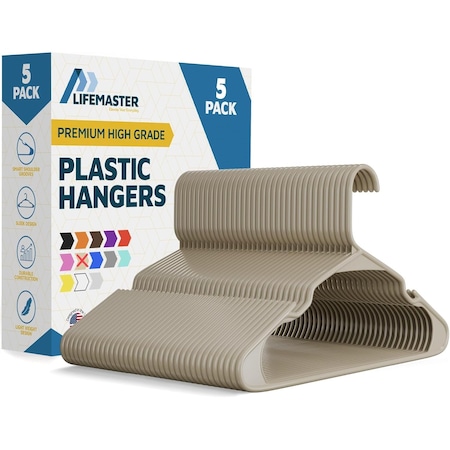 Lifemaster Heavy Duty Plastic Clothes Hangers, Non-Slip, Space-Saving, Holds 5 lbs, Ivory, 5PK LMPLCIVO5