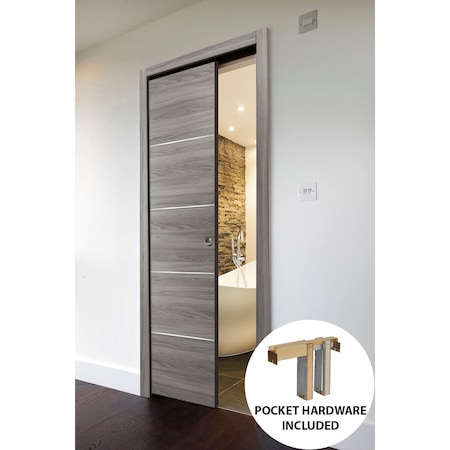 Sartodoors Modern Pocket Door, Planum 0020 Ginger Ash, Kit Trims Rail Hardware, Solid Wood Interior Bedroom Sl PLANUM0020PD-GA-18