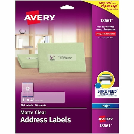 Avery Matte Clear Easy Peel Mailing Labels w/ Sure Feed Technology, Inkjet Printers, 1 x 4, Clear, 200PK 18661