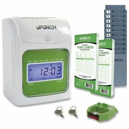 Acroprint uPunch Electronic Time Clock w/ 100 Time Cards, 2 Keys, 1 Ribbon & 1 Rack, White & Green HN1500