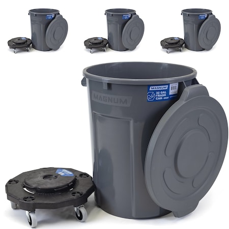 Magnum Tool Gray 32 Gallon Trash Can Set (Trash Can, Quiet Dolly, and Reinforced Lid) (4 Set) CMTC-CLD0-32G04