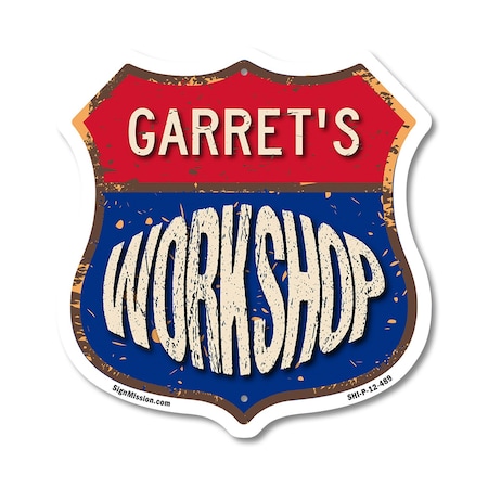 Signmission Garret's Workshop, 12 Inch X 12 Inch, Plastic Sign SHI-P-12-489-GARRET